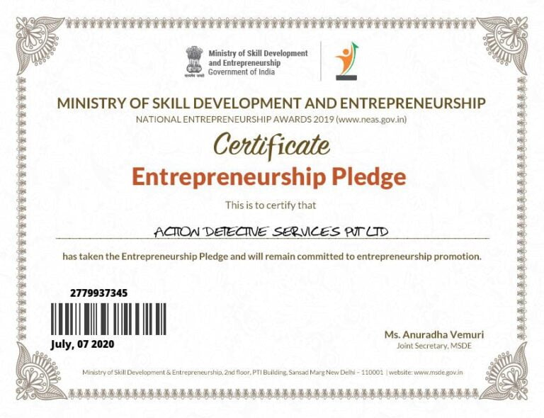 Entrepreneurship Pledge Certification for Action Detective Services Pvt. Ltd.