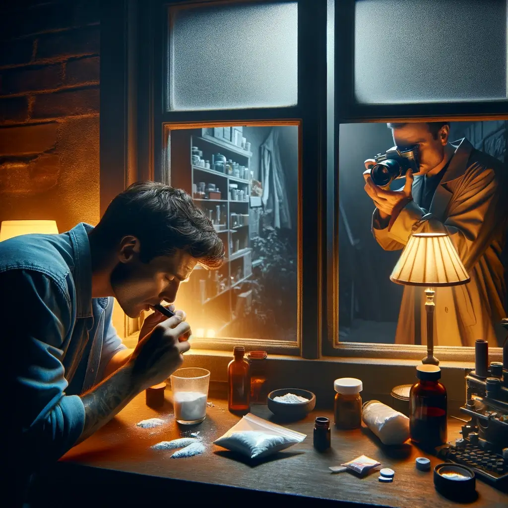 A digital art piece depicting a tense indoor scene. A man with a somber expression sits at a desk in a dimly lit room, leaning over with a lighter in hand, appearing to use drugs. The desk is cluttered with various paraphernalia, suggesting drug use. Outside the window, a detective wearing a trench coat and holding a camera is capturing photos, seemingly unnoticed by the man inside.