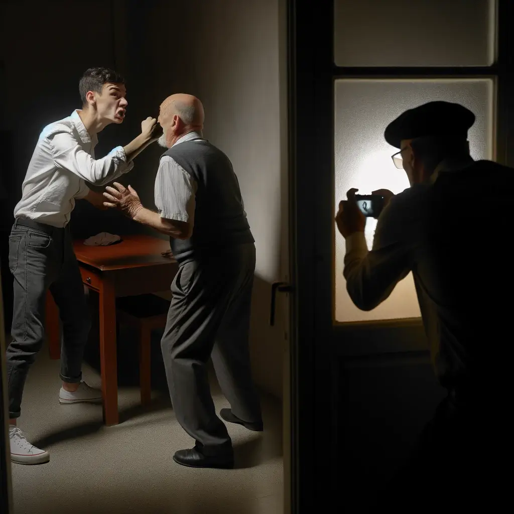 dramatic confrontation in a sparsely lit room, where a younger man with a furious expression is leaning over an older man seated at a small table. The younger man's hands are gesturing forcefully, and his posture is one of aggression. The older man appears defensive and startled, raising his hands in a protective gesture. In the background, a figure in a beret and trench coat is surreptitiously taking photos of the scene through a frosted glass door, adding a sense of espionage or surveillance to the tense interaction.