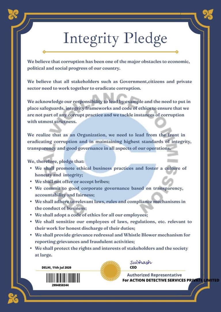 Certificate of Action Detective Integrity Pledge